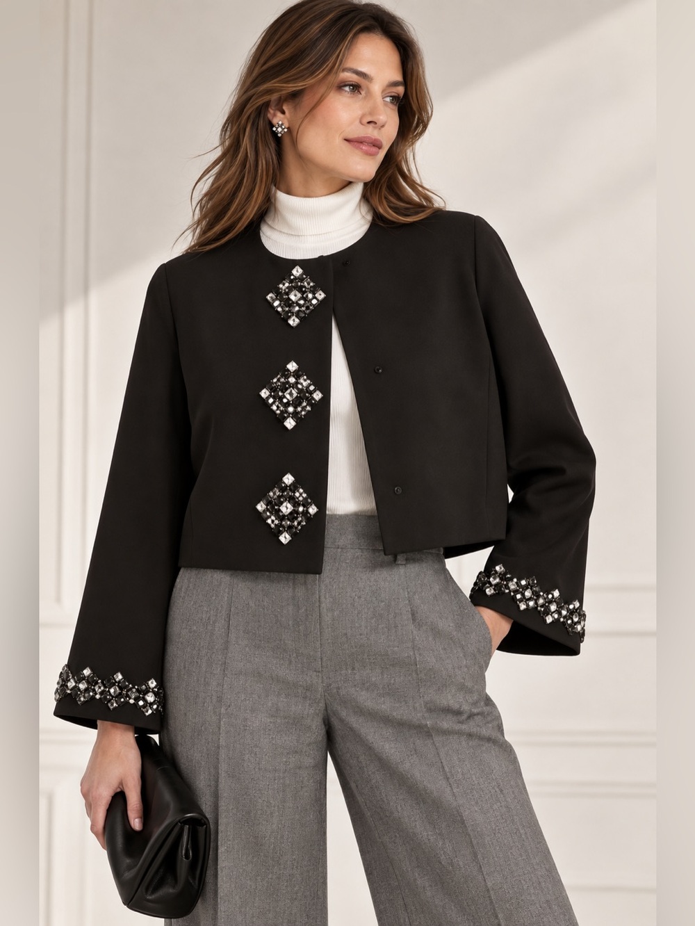 Marina Rinaldi Mabel Rhinestone Cady Jacket Black Size 14 NWT $1295 - Picture 4 of 9